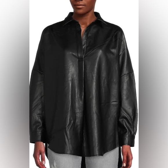 French Connection Black Faux Leather Shirt Jacket Shacket Oversized M NEW $118 - Picture 1 of 9